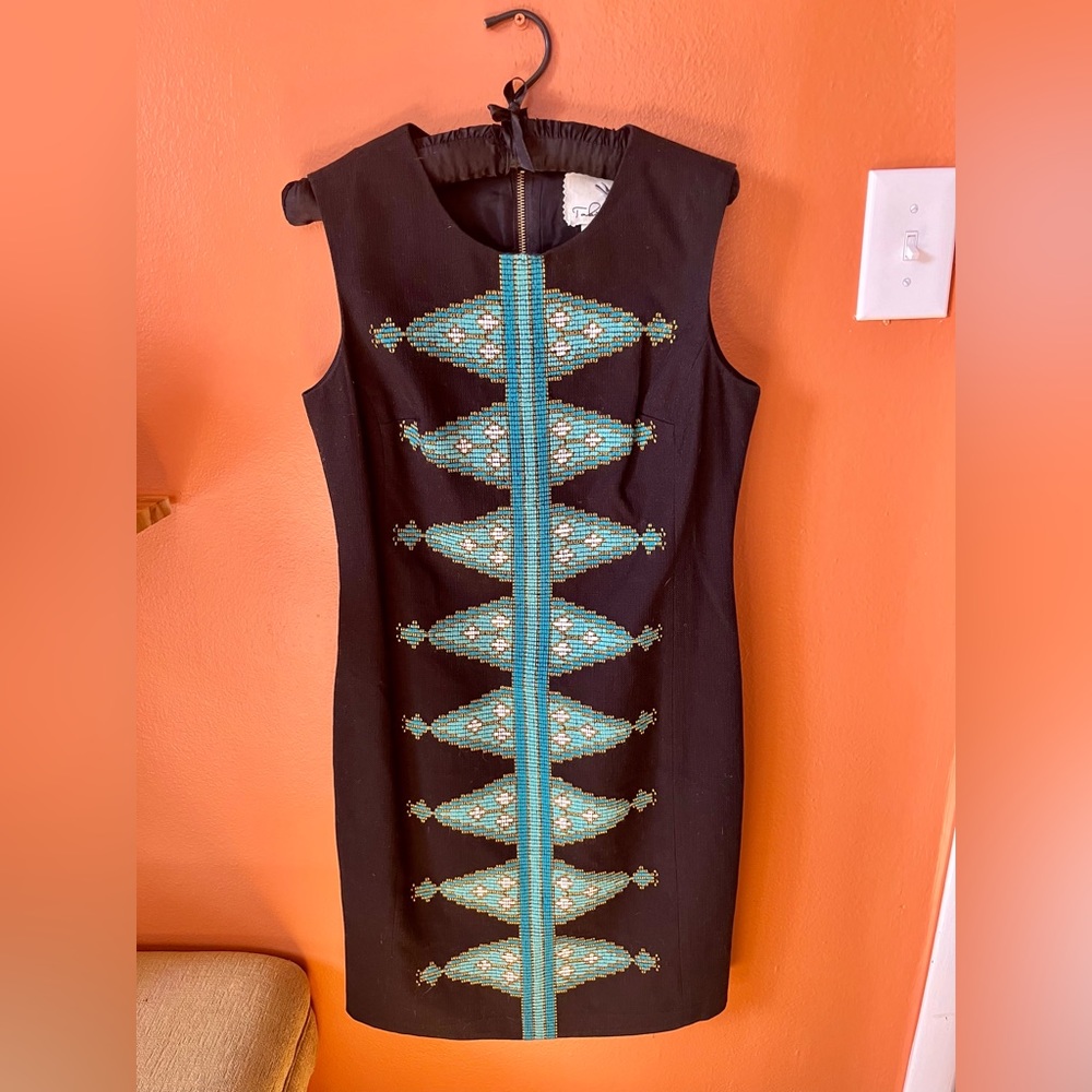 Embroidered 100% Cotton Tabitha Anthropologie Black and Turquoise Dress, Size 4